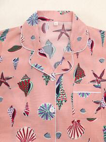 2Pcs Women's Shell Printed V-Neck Button Short Sleeve Single-Breasted Top And Pants Pajama Set,Summer Pajama Set, Comfortable For Home Use,Two Pieces Set