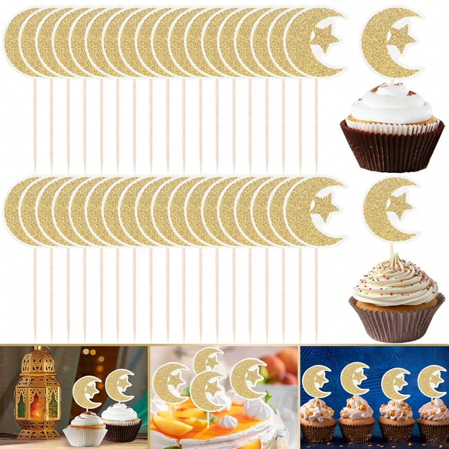 36 piezas Adornos para cupcakes con estrellas y lunas, adornos de papel brillante dorado para decoración de cumpleaños, boda, fiesta, decoración del hogar, decoración de habitación, artículos para fiestas, novia