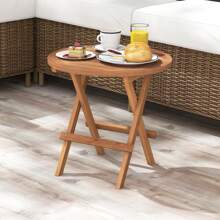 Lifezeal Patio Folding Side Table Indonesia Teak Wood Round Slatted Tabletop Portable Camping