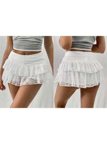 Women's Summer Lace Floral Skirt High Rise Tiered Ruffled Flowy Short Mini A Line Skirt Streetwear