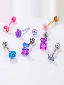 1 Stück Zunge Piercing Schmuck aus medizinischem hypoallergenen Titan-Stahl mit süßem Harz Rose, Pilz, Blumen und Schmetterling Design