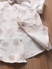 年轻男孩休闲假日椰子树全印花短袖衬衫，夏季 - 杏色 - 查看 4