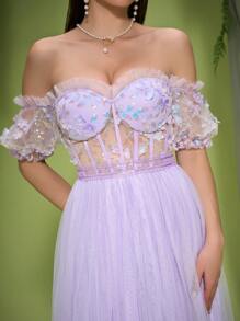 Mgiacy New Off Shoulder 3D Floral Patchwork Puff Sleeve Mesh Flared Bridesmaid Dress - Purple - View 6