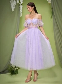 Mgiacy New Off Shoulder 3D Floral Patchwork Puff Sleeve Mesh Flared Bridesmaid Dress - Purple - View 4