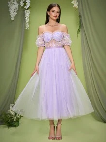 Mgiacy New Off Shoulder 3D Floral Patchwork Puff Sleeve Mesh Flared Bridesmaid Dress - Purple - View 5