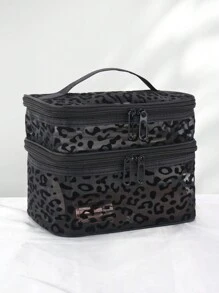 1 pieza Bolsa de maquillaje de malla negra con estampado de leopardo de doble capa, portátil y de gran capacidad, adecuada para almacenar cosméticos y herramientas de maquillaje, ideal para uso doméstico y al aire libre, regalo esencial para mujeres, bolsa de aseo de viaje para maquillaje, bolsa con cremallera para accesorios de manicura, bolsa de cosméticos, neceser, bolsa de cosméticos, bolsa de cosméticos pequeña, regalo de Navidad, bolsa pequeña, bolsa de regalo/bolso pequeño, bolsa de almacenamiento de cosméticos, bolsa de almacenamiento mini, bolsa de almacenamiento de gran capacidad, regalo de Navidad, regalo creativo para mujeres - Negro - Ver 7