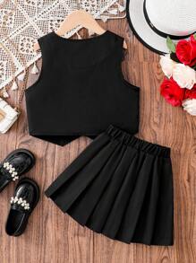 两件套女童夏季纯色休闲无袖上衣+黑色简约百搭百褶裙，儿童日常穿着套装，活力满满的造型 - 黑色 - 查看 2