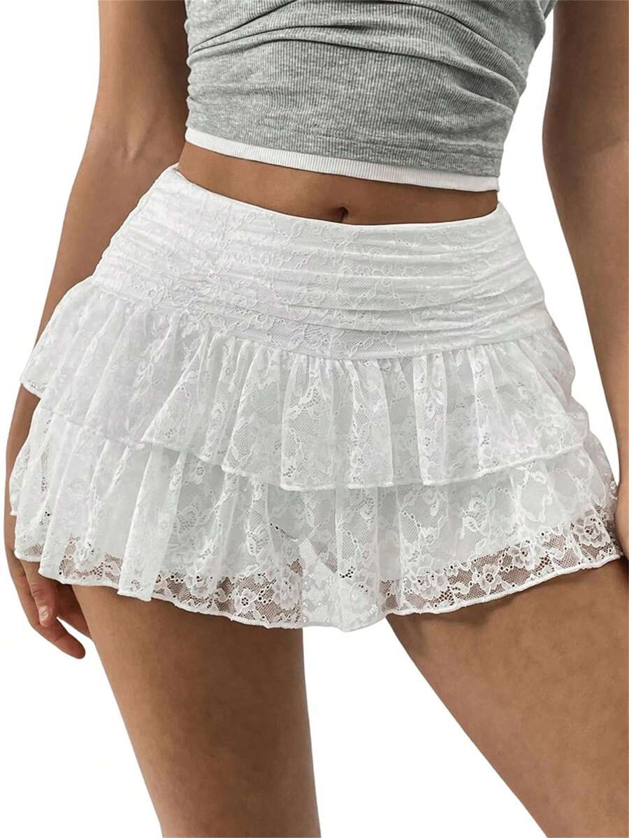 Women's Summer Lace Floral Skirt High Rise Tiered Ruffled Flowy Short Mini A Line Skirt Streetwear