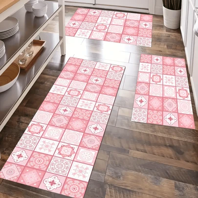 1pc Home Decor, Pink Floral Tile Print Boho Style Diatomite Kitchen Rug, Water-Absorbent, Anti-Slip, Stain-Resistant Kitchen Mat - Great For Farmhouse, Entryway, Indoor, Room Decor, Kitchen, Dining Room, Small Office/Home Office, Sink, Laundry Room