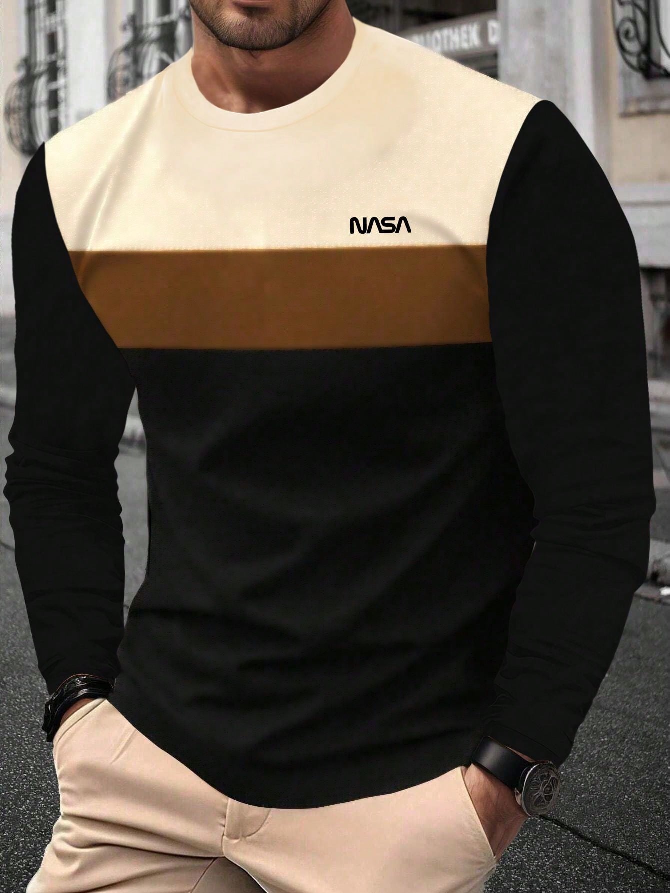 Autumn New Casual Round Neck Men's Long Sleeve T-Shirt With Black And White Contrast, Business Style