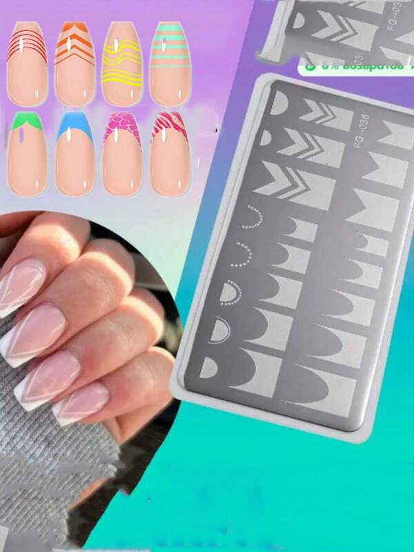 2025 Nagelstempel-Platten 6X12cm Nagelstempel-Vorlagen Französische Linie Nagellack-Schablonen Französische Nagelspitzen Nail Art Werkzeuge Wellen Streifen Nageldesigns Platten Set Edelstahl wiederverwendbar DIY Maniküre
