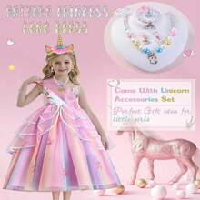 Dress Up For Girls,Princess Unicorn Costume Dress Up, Princess Girl Dress With Headband Necklace Set, Kids Fancy Dress For Party Birthday Bridesmaid Pageant Carnival Cosplay 3-4 Years - Multicolor - View 4