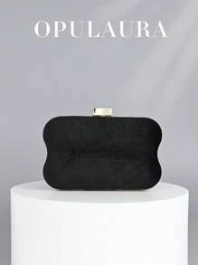 OpulAura 1件装黑色奢华复古丝绒女士晚宴包，简约不对称盒形设计，优雅钻石手拿包，链条肩带手提包，适合婚礼、派对、晚宴等场合。 - 黑色 - 查看 5
