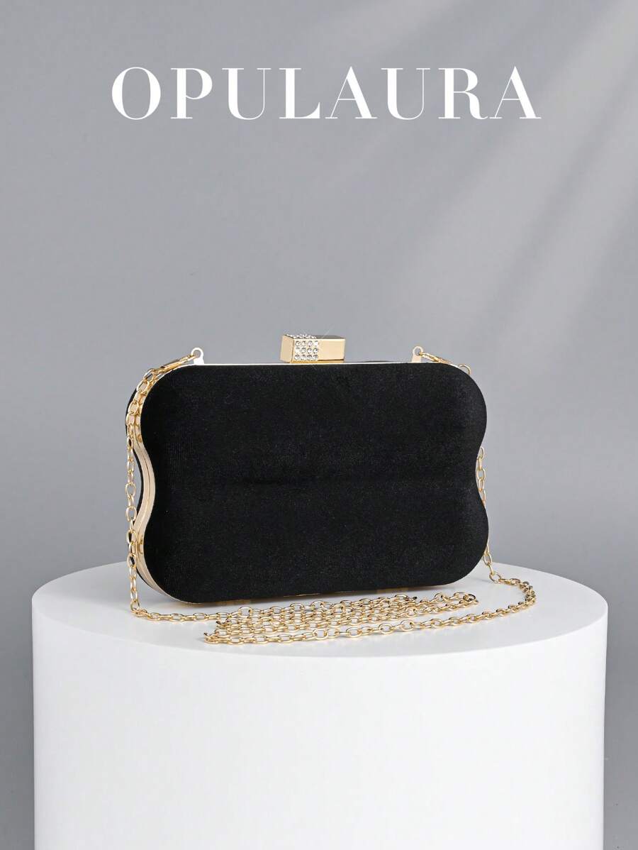 OpulAura 1件装黑色奢华复古丝绒女士晚宴包，简约不对称盒形设计，优雅钻石手拿包，链条肩带手提包，适合婚礼、派对、晚宴等场合。 - 黑色 - 查看 1