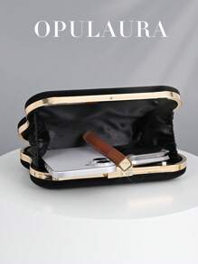 OpulAura 1件装黑色奢华复古丝绒女士晚宴包，简约不对称盒形设计，优雅钻石手拿包，链条肩带手提包，适合婚礼、派对、晚宴等场合。 - 黑色 - 查看 4