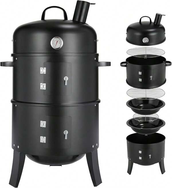 16 inch 3 in 1 Räuchergrill Smoker, Räuchern Räucherofen, Smoker Grill mit Deckel & Thermometer, 2 Grillrost Edelstahl, 2 Wasserschale Emaille, Räuchertonne