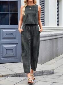 Conjunto de 2 piezas de chaleco y pantalones casuales holgados sin mangas a cuadros