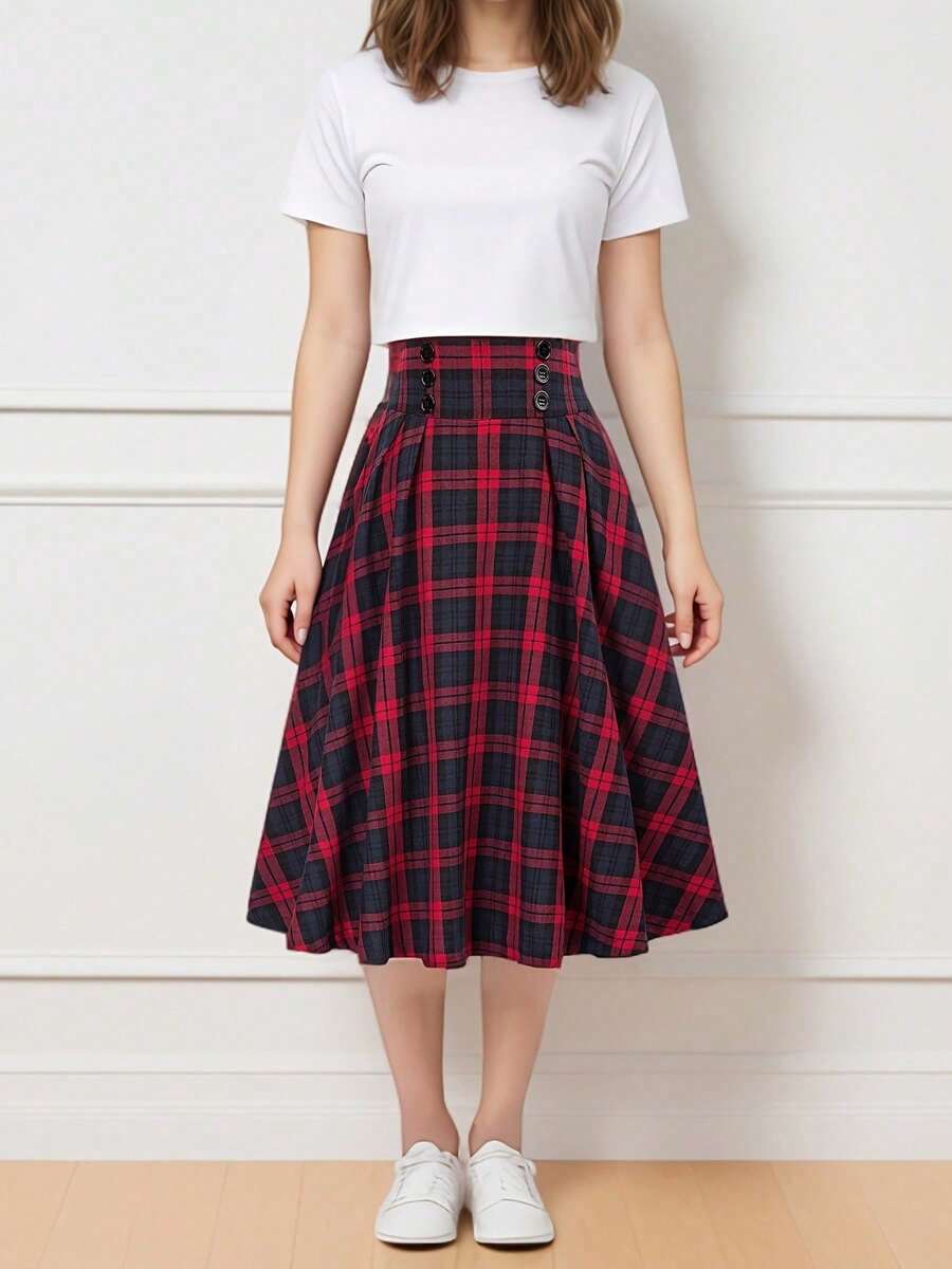 Women's Skirt Pleated Checkered Elastic Waist Vintage Midi Skirt - 紅色 - 查看 1
