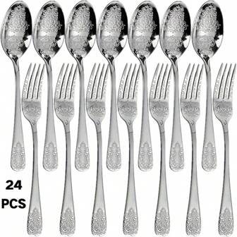 24pcs Stainless Steel Cutlery Set, Patterned Spoon & Fork