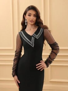 Love Aing Women's Long Sleeve Black Sheer Mesh Sequin Patchwork Fitted Dress, Stand Collar Elegant Office Lady Chic Sexy Midi Dress, Formal, Party Dress, Gown, For Evening, Wedding Guest