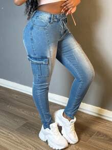 Women's Practical Multi Pocket Denim Pants, Made Of Elastic And Comfortable Fabric, Suitable For Daily Casual Wear And Versatile Tight Pants - Medium Wash - View 4