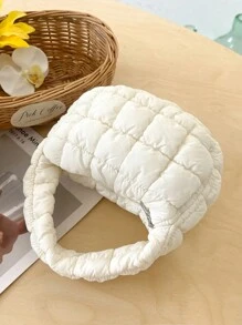 Túi xách tay xếp ly họa tiết mây chần bông màu trắng sáng tạo mới, túi đựng điện thoại gọn nhẹ, tiện dụng cho nữ. Túi tinh tế, nhỏ gọn và nhẹ, có thiết kế khóa kéo phía trên, tiện lợi. Có thể cầm tay hoặc đeo cổ tay, phù hợp cho các hoạt động thường ngày, tiệc tùng và hẹn hò của phụ nữ, đựng điện thoại, son môi và tiền xu. - trắng - Xem 9