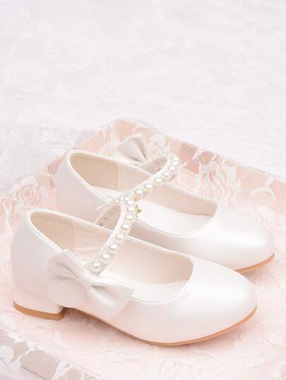 Girls White High Heel Shoes Princess Style Leather Shoes Spring & Autumn, Middle & Kids Shoes Suitable For Evening Dresses, Pearl Decoration