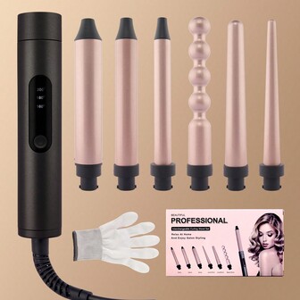 六合一专业卷发器套装，双电压卷发棒，快速加热，温度可调，适合波浪发型