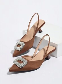 Tacones de gatito con punta puntiaguda y tira trasera con decoración de strass para mujer, zapatos cómodos y de vestir de moda adecuados para primavera, verano, otoño e invierno, tacón bajo color marrón