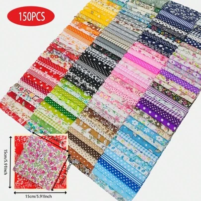Conjunto de 150 quadrados de tecido de algodão para patchwork, em cores sólidas e florais sortidas. Pré-cortados para costura e patchwork. Combinação de tecidos macios e acolchoados para Natal, Páscoa, Halloween, Festival da Primavera e outras ocasiões especiais, além de presentes e decorações.