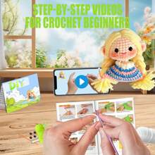 适合初学者的 DIY 小女孩钩针编织套件，Amigurumi 毛绒动物 - 礼物动物钩针编织入门套件一体式完整钩针编织套件学习钩针编织套装，附带说明和成人分步视频教程，可爱的动物 DIY 工艺品，可用于家居装饰