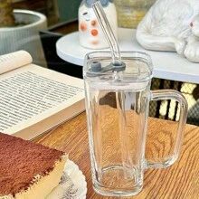 1 Clear Glass With Glass Straw With Lid, Caterpillar Handle, Simple Creative Americano Mug For Breakfast