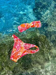 New Vibrant Orange Ocean Themed Bandeau Split Sexy Bikini - Burnt Orange - View 6