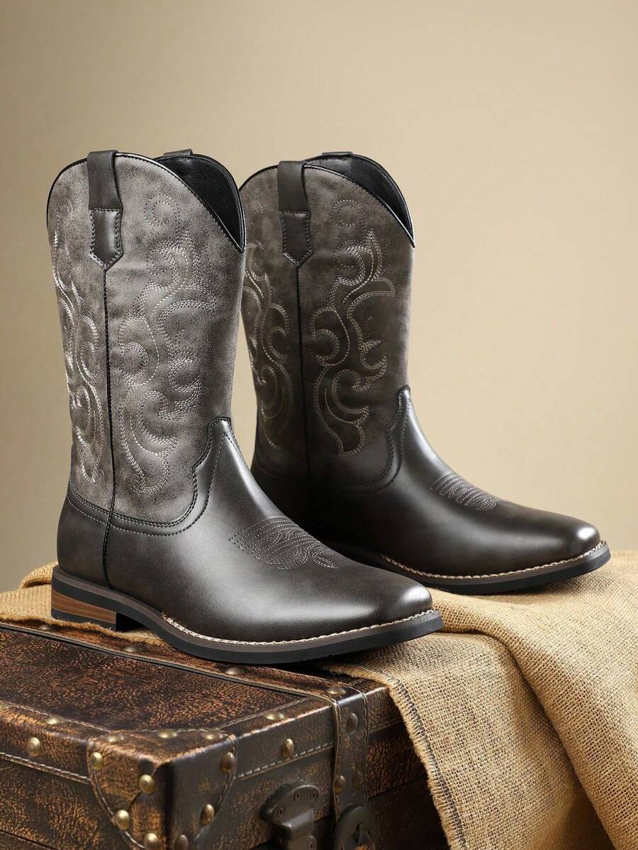 Men's High-Top Boots, New Arrival Cowboy Boots Embroidered Western Style Riding Boots - Khaki - View 1