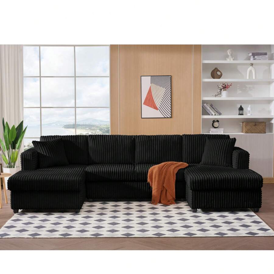 1PC 123" Large Corduroy Sofa With Deep Seats, U-Shaped 4 Seater Sofa With Toffee Recliner & 2 Pillows, Modern Modular Sectional Sofa For Living Room, Apartment, Office, In 3 Packages, Large Size 123.20''W* 62.59''D* 35.43''H, Living Room Furniture, Combination Sofa, Home Decor - 黑色 - 查看 1