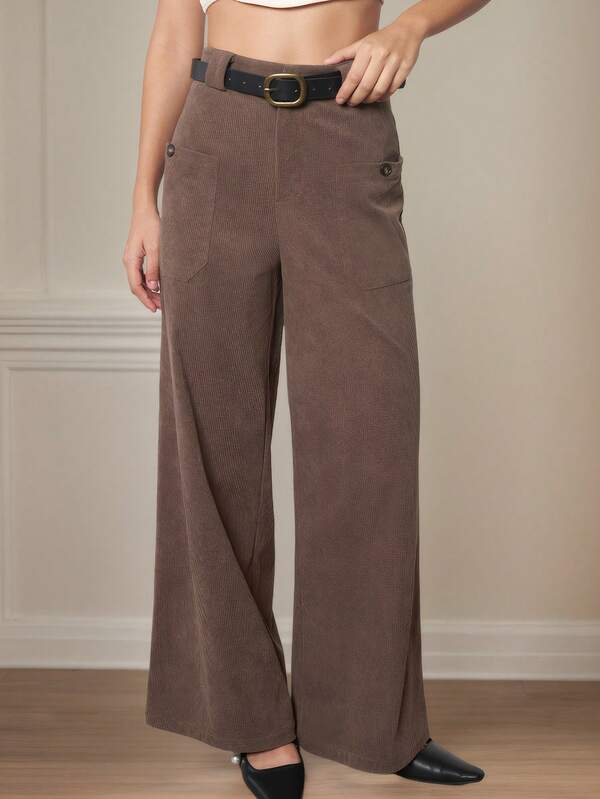 Women Solid Straight Leg Thick Corduroy Casual Trousers With Pockets & Belt, Spring