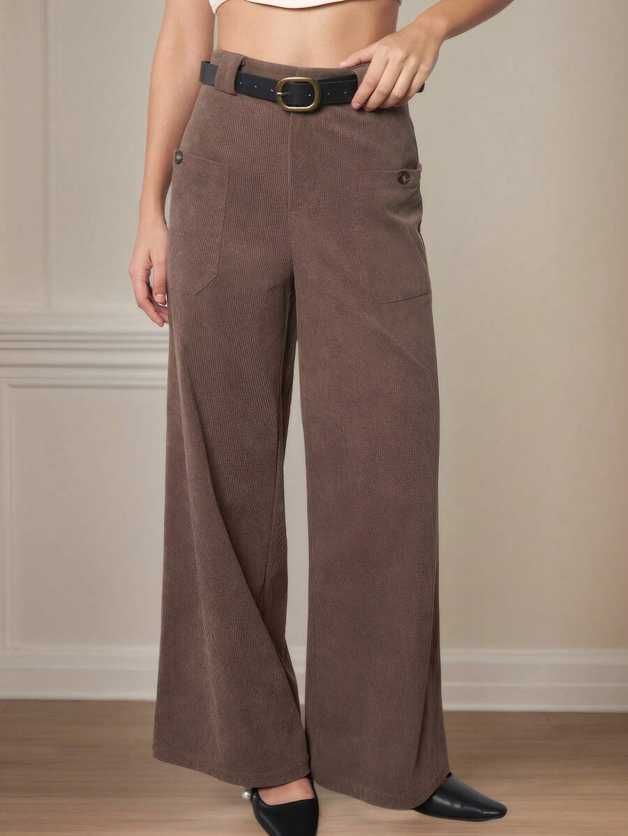 Women Solid Straight Leg Thick Corduroy Casual Trousers With Pockets & Belt, Spring