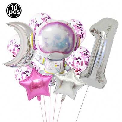 Bộ bóng bay số 1-9 phi hành gia màu hồng, đồ trang trí tiệc sinh nhật theo chủ đề mặt trăng, ngôi sao, không gian, thiên hà