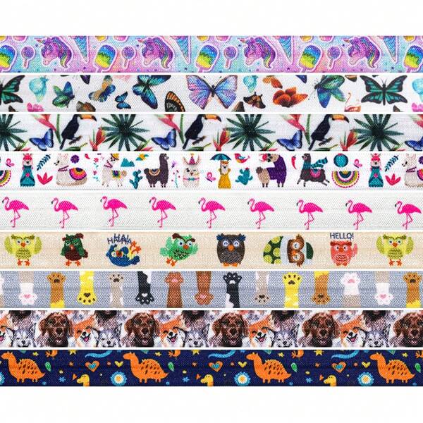 Bristlegrass Print Fold Over Elastic FOE 5/8" 3/4" 15mm 20mm Cartoon Dog Cat Heart Dot Satin Spandex Band Webbing Tape Headband Hair Tie Bracelet Dress Sewing Trim