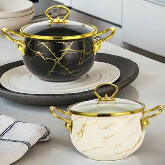 1pc High-Quality Large Capacity Black & White Marble Classic Soup Pot, Casserole Pot, Durable And Easy To Clean, Suitable For Restaurant And Home Kitchen, Compatible With Open Flame, Gas & Induction Cooktop