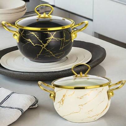 1 件高品质大容量黑白大理石经典汤锅、砂锅，耐用易清洗，适用于餐厅和家庭厨房，兼容明火、燃气和电磁炉