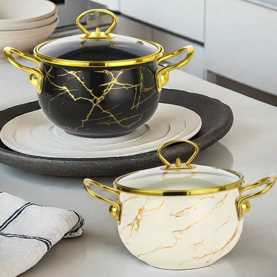 1 件高品质大容量黑白大理石经典汤锅、砂锅，耐用易清洗，适用于餐厅和家庭厨房，兼容明火、燃气和电磁炉