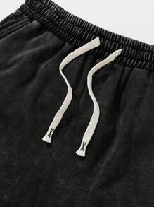 Shwiy Men's Washed Vintage Effect Casual Black Knee-Length Shorts, Simple Cross Print Pattern, Suitable For Spring/Summer Daily Wear And Street Style - Black - View 5