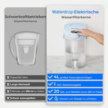 إبريق تصفية المياه الكهربائي Waterdrop FreshTaste ، سعة 4 لتر، موزع مياه مرشح للثلاجة، يقلل من الترسبات الجيرية والكلور والرصاص والنحاس، تنظيف، أبيض (فلتر الاستبدال: WD-EWFS) - الأزرق - مشاهدة 6