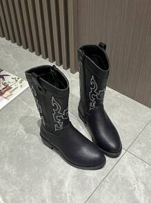 Stivali da cowboy stile occidentale ricamati per bambini, stivali unisex a metà polpaccio, stivali da equitazione vintage, polivalenti