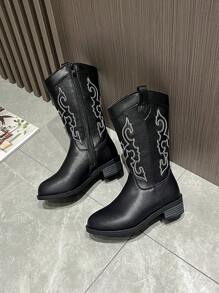 Stivali da cowboy stile occidentale ricamati per bambini, stivali unisex a metà polpaccio, stivali da equitazione vintage, polivalenti