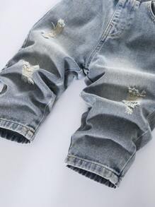 1pc Kids' Distressed Denim Jeans With Dinosaur Print Back Pockets, Elastic Waist Loose Fit Casual Trousers For Boys, Spring