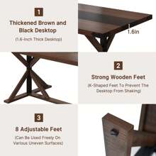 71" Farmhouse Dining Table For 5 6 8 People,Rectangular Kitchen Table W/Thickness Waterproof Wood Grain Tabletop,6FT Large Rustic Dinner Table W/Adjustable Leg For Dining Living Room - Brown - View 5