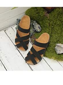 女士厚底一脚蹬露趾厚底凉鞋，复古时尚高跟优雅女士休闲舒适黑色凉鞋 - 黑色 - 查看 2