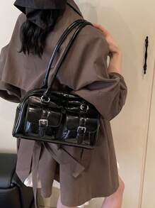 复古女士大容量单肩包，时尚休闲腋下手提包，时尚通勤枕头包 - 黑色 - 查看 4